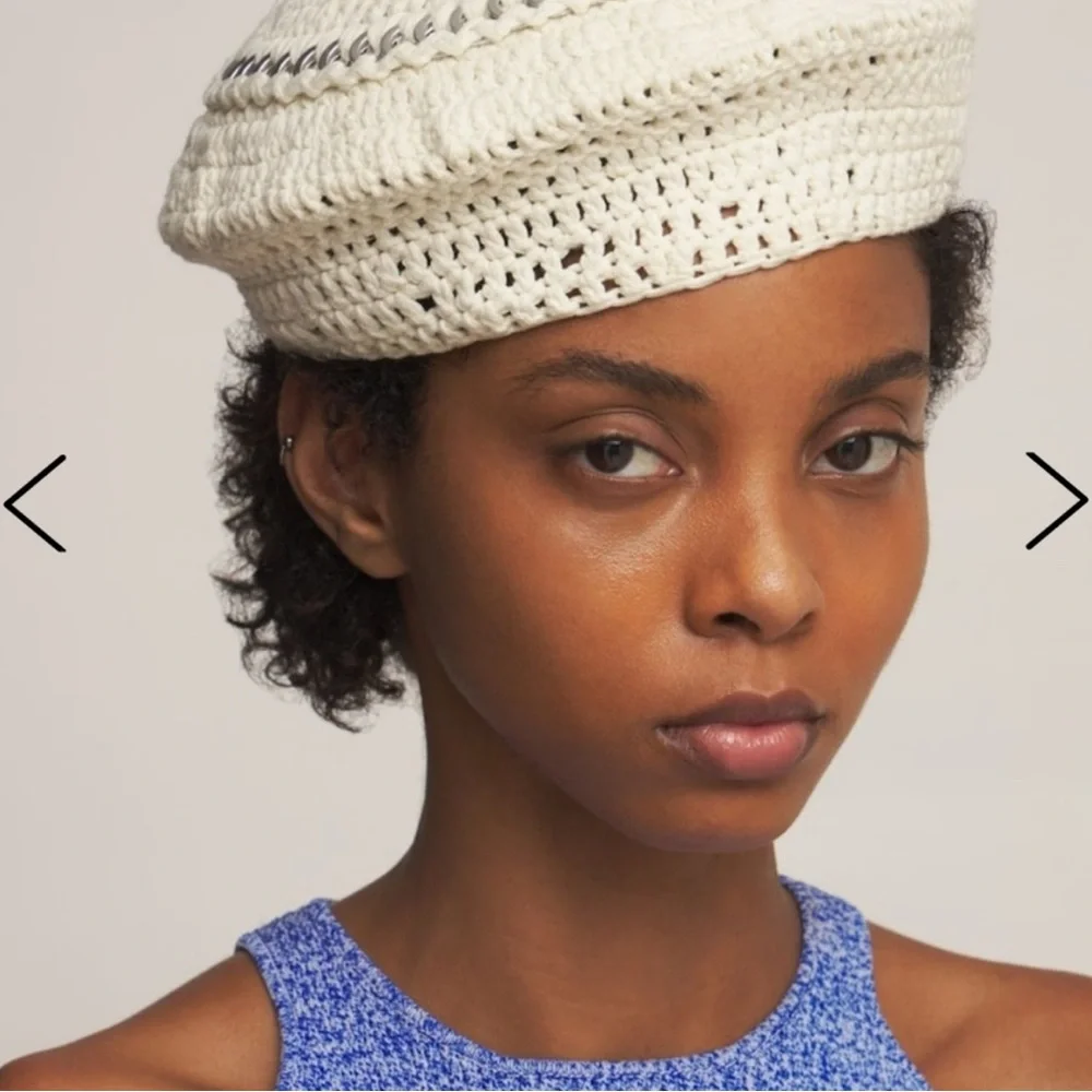 NEW GANNI Crochet Beret Hat Ivory Silver Disc Detail Women's One Size